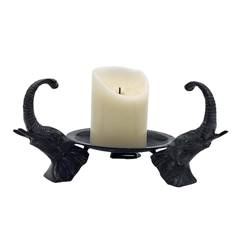 Vintage Three Sculpted Elephant Bronze Tone Metal Pillar Candle Holder 10 Inch